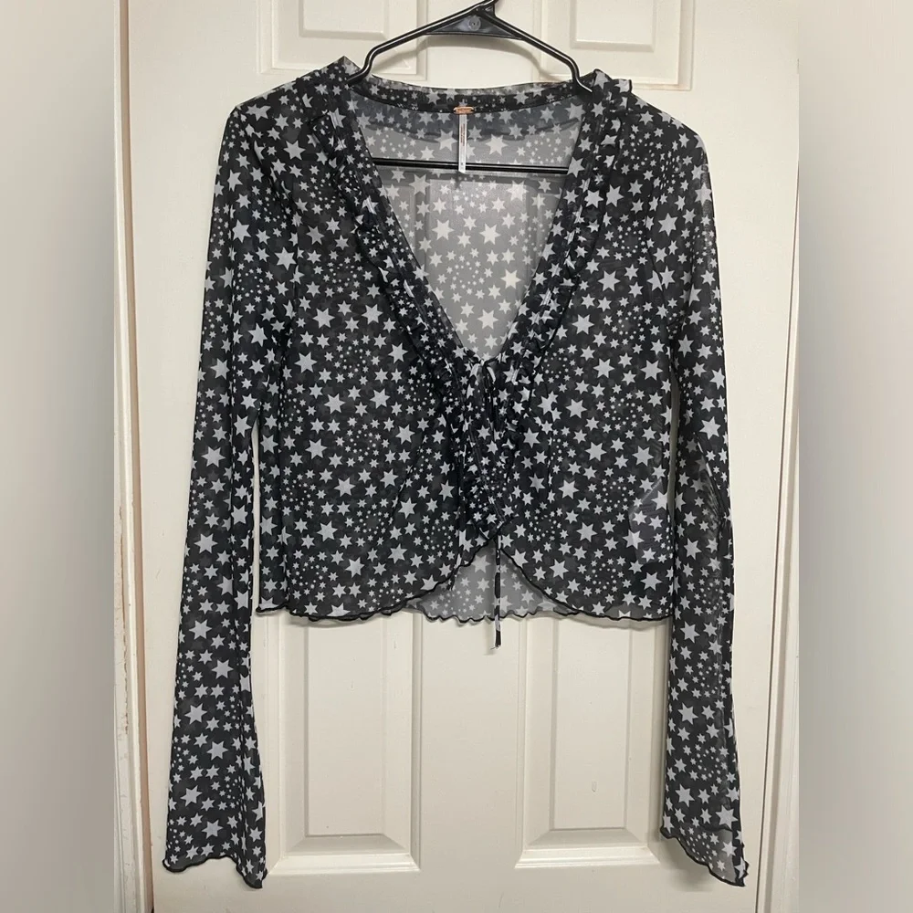 Free People Marne Sheer Black & White Star Tie Front Long Sleeve Crop Blouse - Picture 5 of 12
